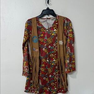 Colorful Peace Sign Dress with Fringe Vest